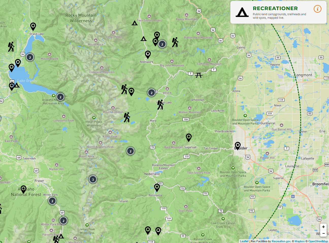 Recreationer web map showing campgrounds, trailheads, and picnic sites