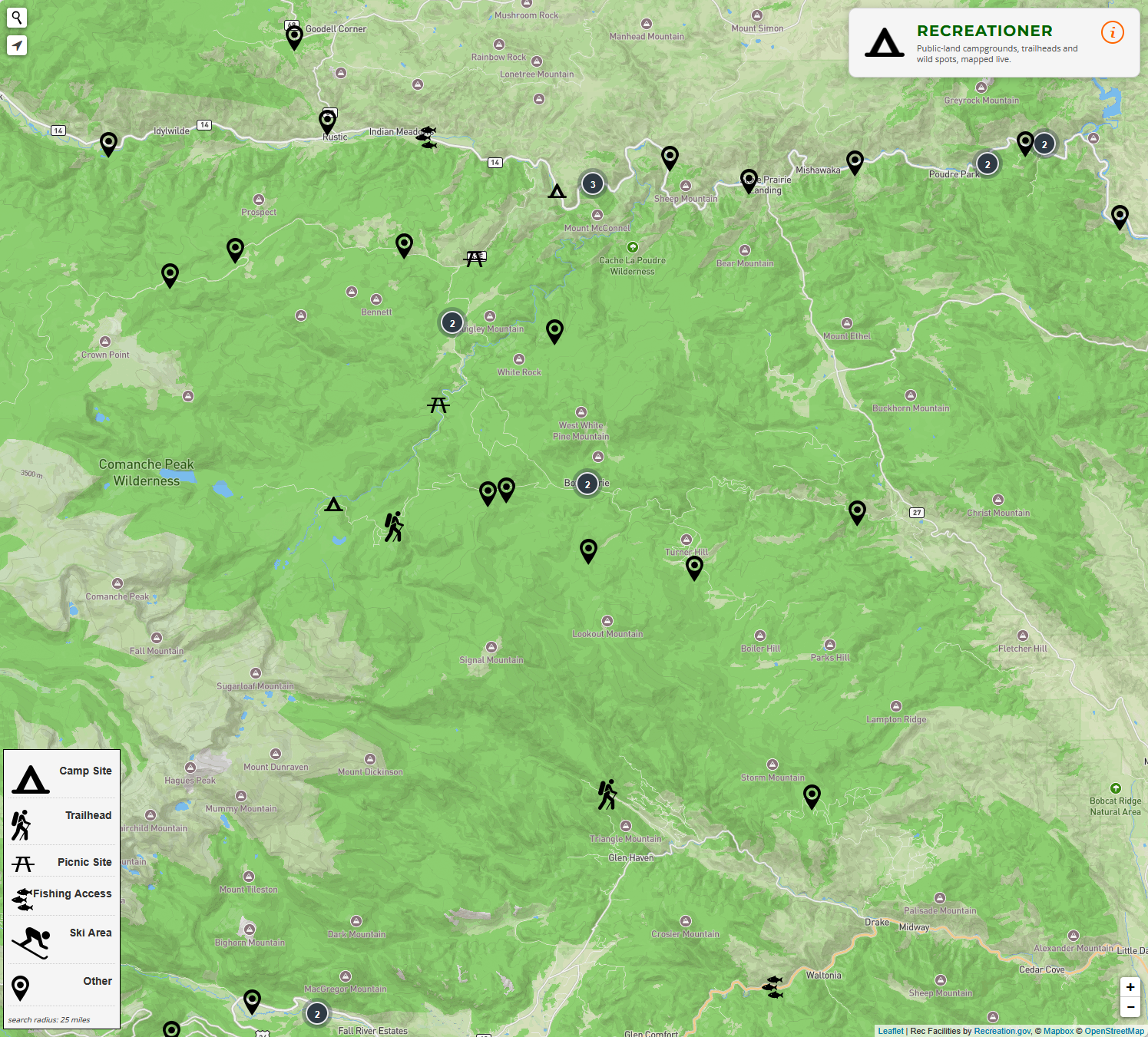 Recreationer web map showing campgrounds, trailheads, and picnic sites in the Poudre Canyon area of Roosevelt National Forest