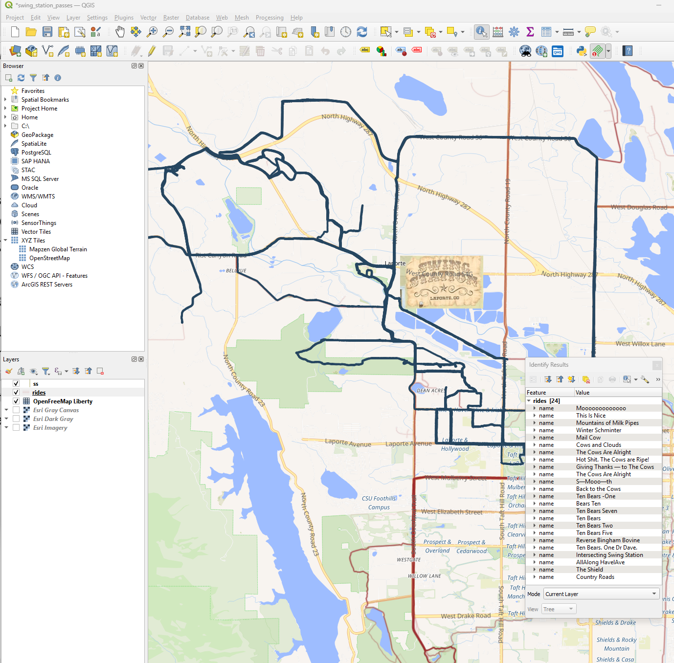 The identified ride results in QGIS showing the 24 selected rides and their (sometimes funny) names. Moooooo, S—moooo—th, Back to the Cows, etc.
